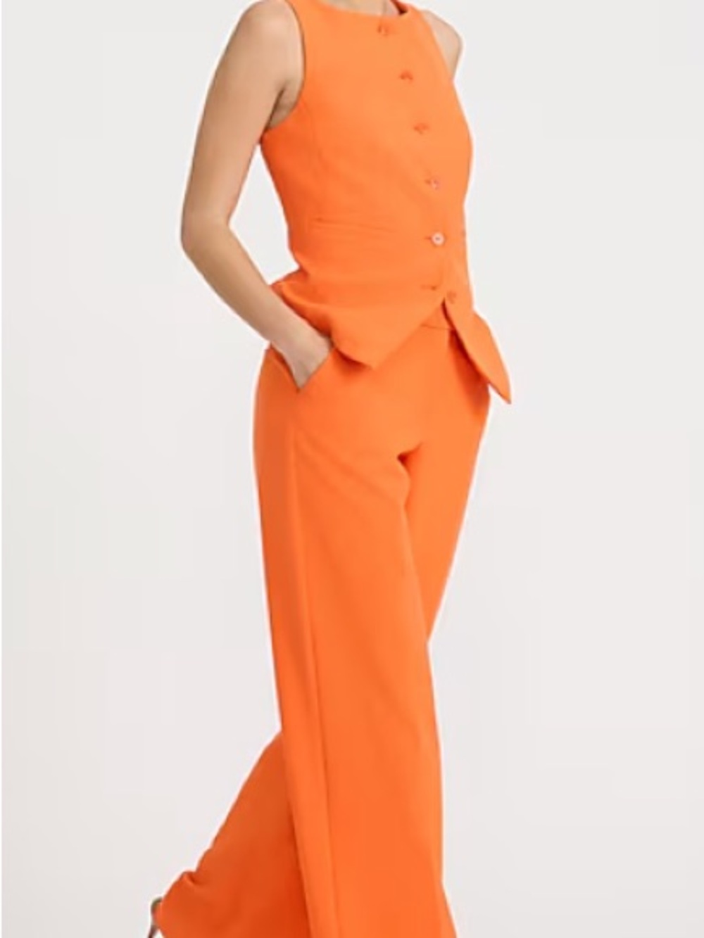 Express Editor Mid Rise Trouser and Boat Neck Cutaway Blazer Vest Orange Awning